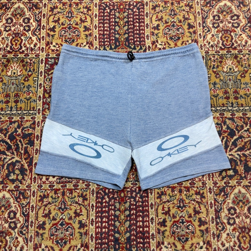 VTG 80s 90s Oakley Logo Graphic Shorts XL Blue Heathered Jersey Knit Drawstring